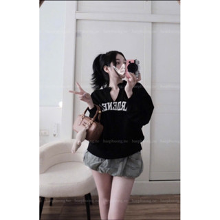 (H.O.H) Set áo sweater đen chữ trắng cổ V kèm chân váy jeans