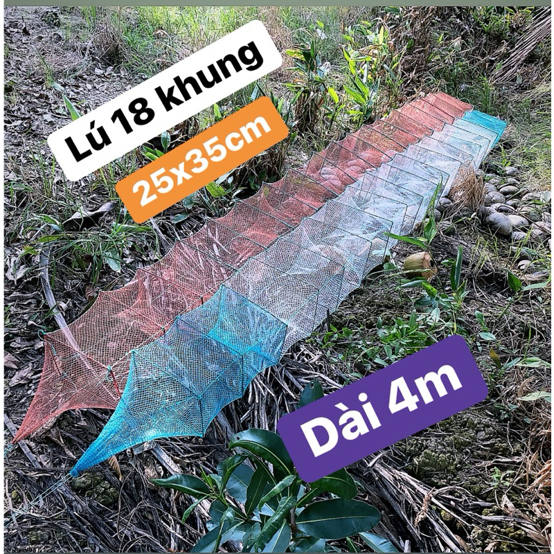 Lú 12 cửa ngục 18 khung 25 x 35cm, dài 4m. mắt lưới 1,5p(0,7cm vuông) Bắt Cá Bắt Tôm