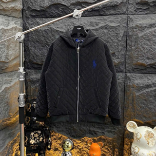 Áo khoác bomber gió nam nữ RL mũ liền trần bông quả trám phủ nhung ngực thêu logo ngựa xanh