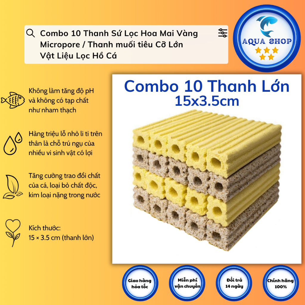 <Combo 10 thanh> Thanh Sứ Lọc Hoa Mai Vàng Micropore / Thanh muối tiêu Cỡ Lớn - Vật Liệu Lọc Hồ Cá