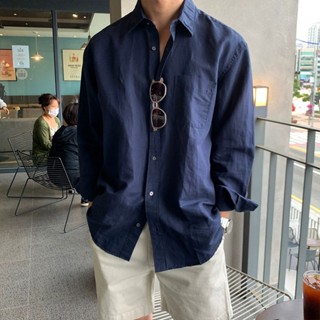 Áo sơ mi nam cổ tàu hàn quốc dài tay đũi 1 túi linen oxford cotton 250gsm xanh navy đen trắng cổ đức trụ bẻ