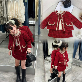   10-27kg  Set áo dạ đỏ chạy viền kết hợp chân váy chất cực xịn cho bé diện noel tết 