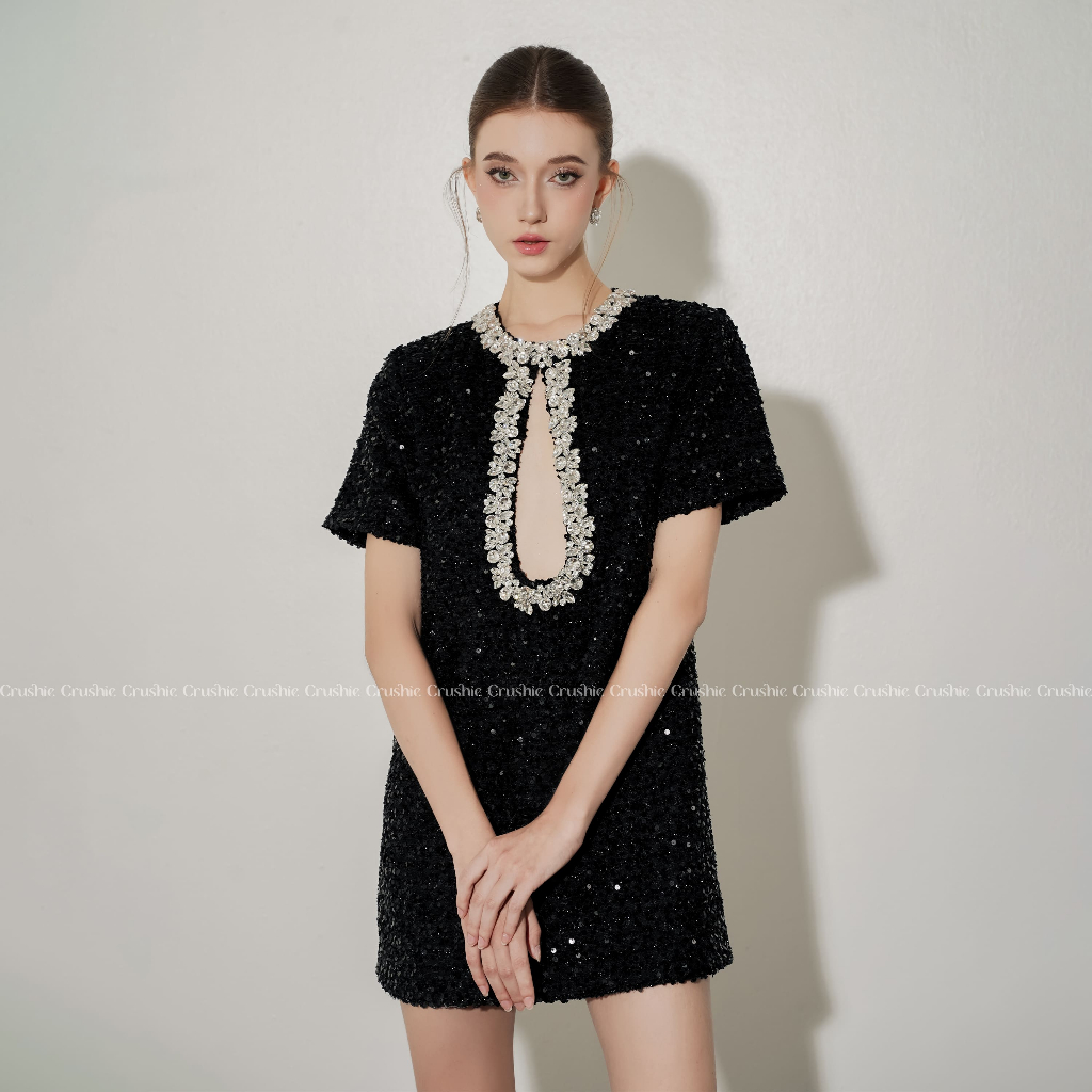 Váy đầm dự tiệc Crushie Tweed dáng suông cut-out đính đá thủ công - độc quyền Crushie Calista Dress