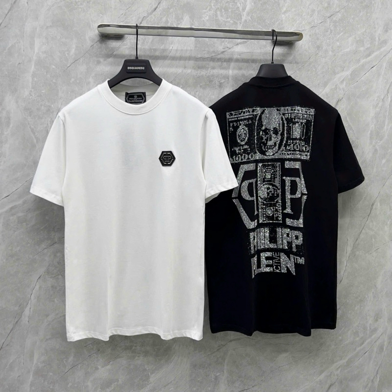  Áo Phông Nam Nữ Premium Cotton Philipp Plein Thêu Logo Kim Loại Ngực Phối Kim Tuyến Chữ Đầu Lâu Lưng Dành Cho Anh Em Hot 