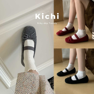  Giày bệt nơ KICHI chất da dạ mix nhung nơ bông mịn mượt êm chân giày ba lê nhung retro đế mềm mary jane Kichi Shoes A853 