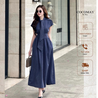 COCOMAY Đầm Miumin phối dây nơ cổ maxi xanh đen kẻ sọc trắng thanh lịch dịu dàng Nử