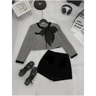 [ẢNH THẬT] SET DẠ PHỐI CỔ NƠ QUẦN SHORT NHUNG SDPCNQ