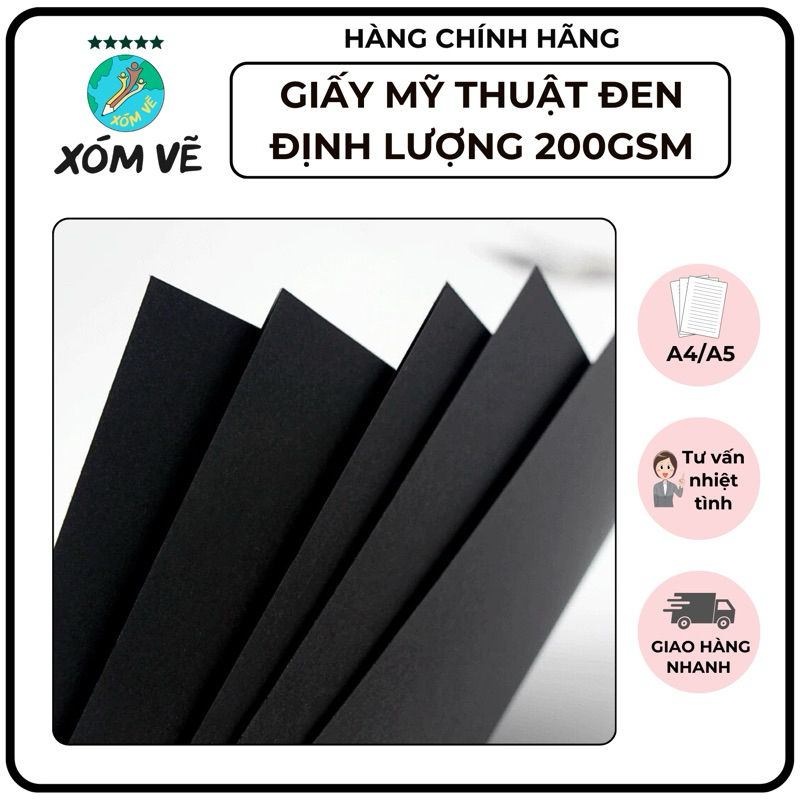 [XÓM VẼ] Giấy đen, giấy mỹ thuật màu đen 200gsm dày dặn, khổ A3/A4/A5 chuẩn.