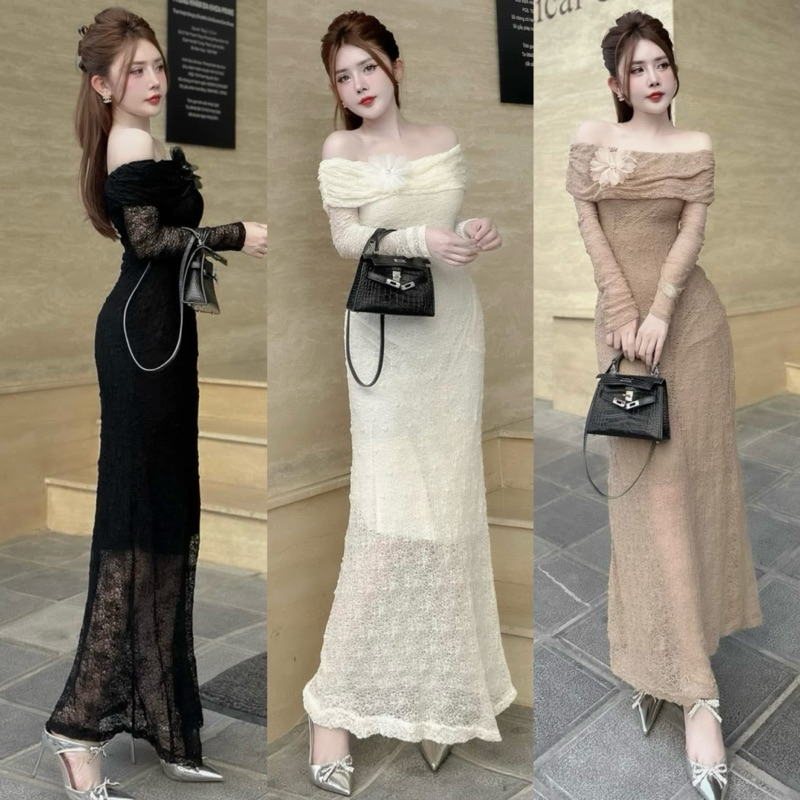 CHUẨN ẢNH-Váy đầm ren body dài tay trễ vai dáng dài KÈM TAG HOA tiểu thư sang chảnh dự tiệc lễ cưới,lễ sinh nhật 
