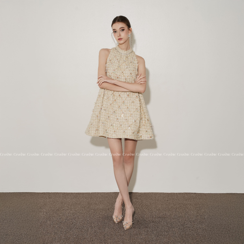Váy đầm dự tiệc Crushie dáng hộp vải Tweed đính đá trám thủ công - Polly Dress độc quyền Crushie