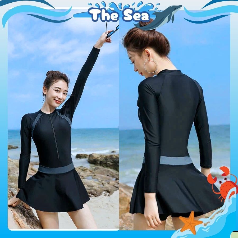 Đồ bơi nữ Hàn Quốc bikini kín đáo liền thân 1 mảnh váy xòe có khóa kéo viền đai ngang eo xinh xắn Th