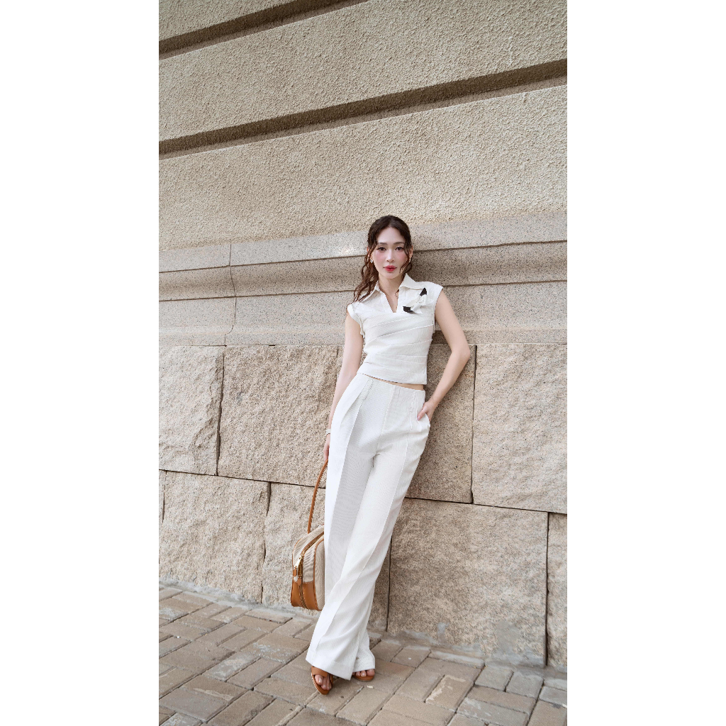 Set áo sát nách sọc mảnh xếp ly ngang [KHÔNG KÈM CÀI ÁO] - quần tây ống suông lai gập K Closet S1020