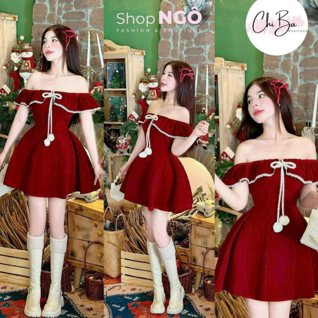 Đầm váy nữ thiết kế chất nhung cứng cao cấp đầm đỏ trễ vai bèo ren trắng cột nơ dáng xoè ngắn cho nàng đi chơi noel,TẾT