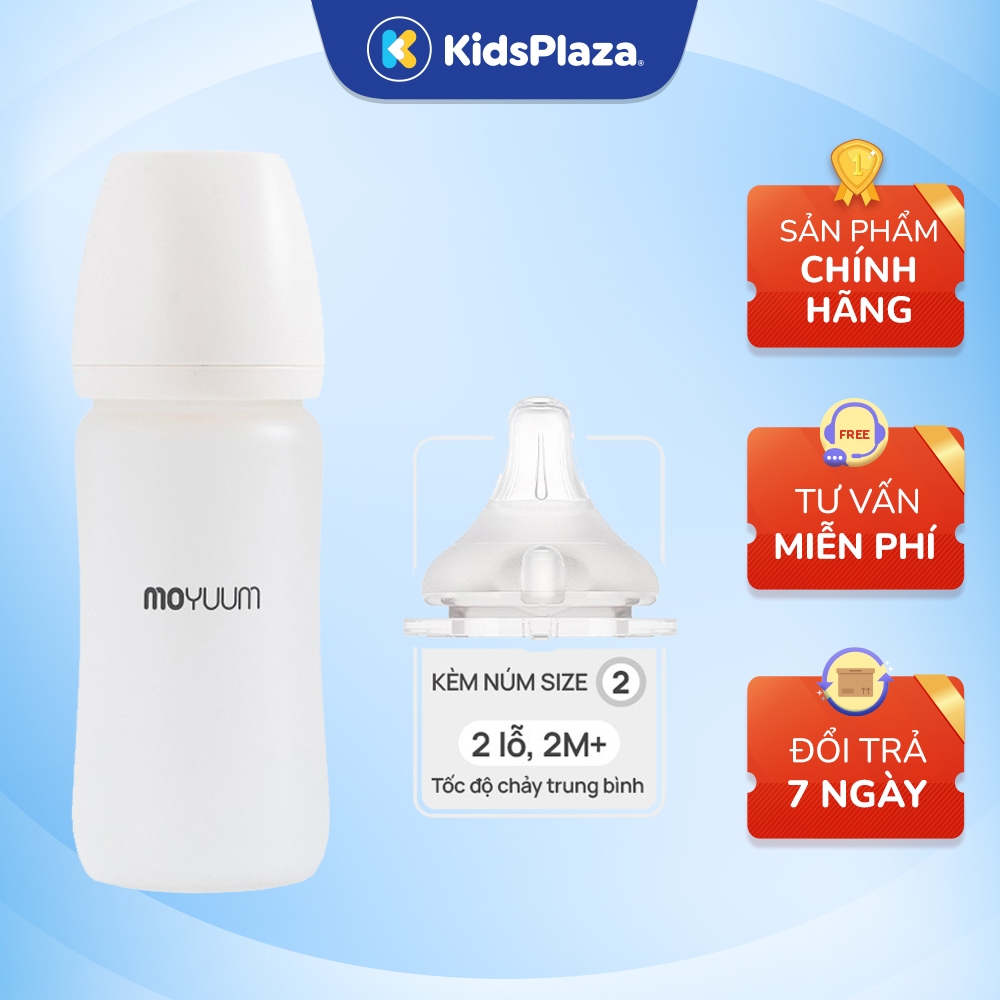Bình sữa Moyuum THỦY TINH bọc silicon chính hãng size 150ml/240ml ( Đã kèm núm ty cho bé)