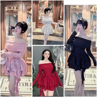  Đầm thun xoè tầng bệt vai váy nữ dự tiệc tay dài đính bông tà eo  G098 