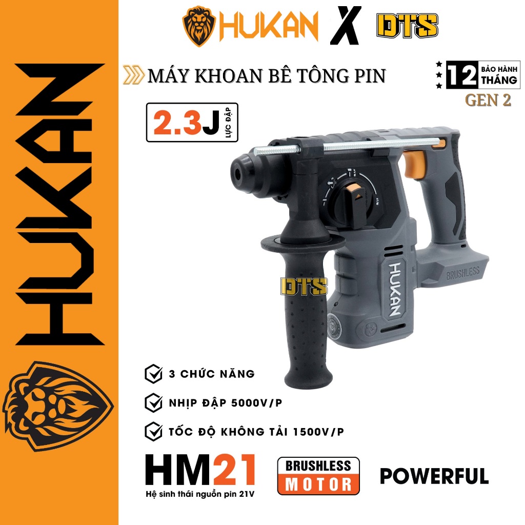 Máy khoan bê tông 3 chức năng pin 21V HUKAN BODY-HK-HM21-RH2706PLUS | đầu kẹp SDS-plus, lực đập 2.3J