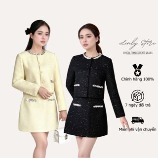 Set váy áo nữ dạ tweed tiểu thư, áo khoác kiểu chân váy chữ A dáng ngắn phối kim tuyến Linly Store