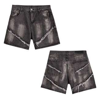 Quần Short Jean Nam Nine Lee Đen Wash Phối Tua Rua Phông Cách Bụi Bậm Cá Tính - SJ002