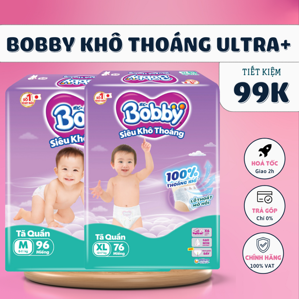  Tã Bỉm quần Bobby Siêu khô thoáng Ultra+ siêu nhiều miếng đủ size M L XL XXL cho bé từ 6 đến 25kg 