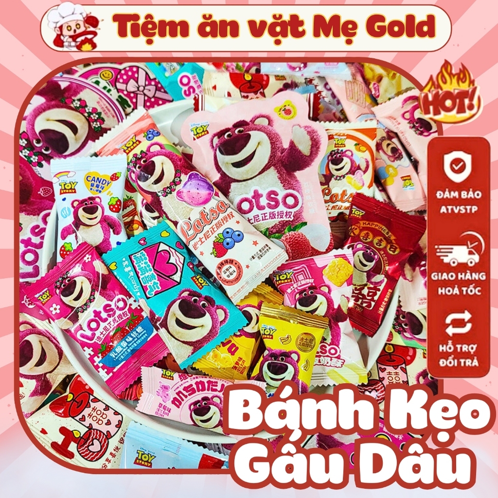 Set 1KG Bánh Kẹo Gấu Dâu Losto MIni, Bánh Quy Gấu Dâu, Kẹo Dẻo Gấu Dâu, Set Gấu Dâu Losto Quà Tặng C