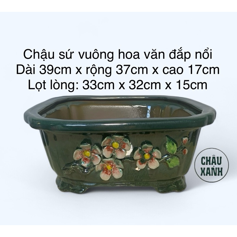 chậu sứ trồng cây hình vuông hoa văn đắp nổi dài 39cm x rộng 37cm x cao 17cm
