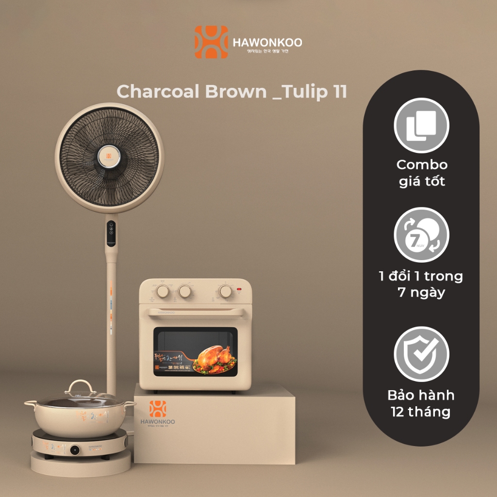 [COMBO GIÁ TỐT] Charcoal Brown - Tulip 11 HAWONKOO: Nồi Chiên Không Dầu AFH-180-CF + Bếp Từ CEH-101-