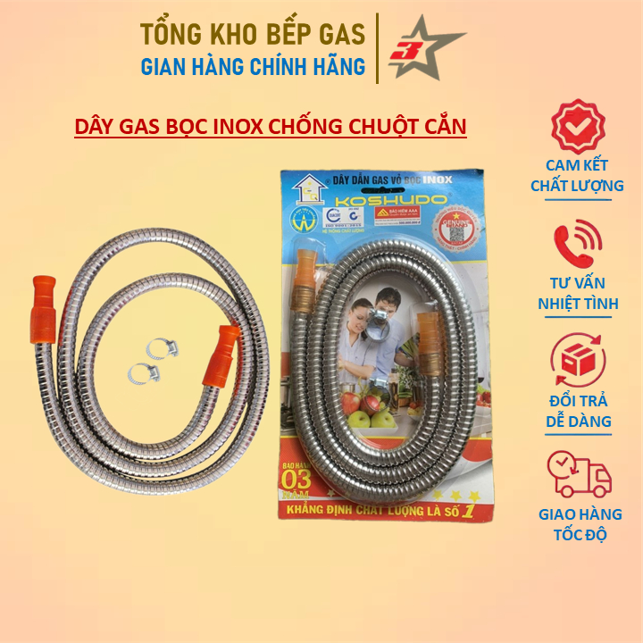 Dây Dẫn Gas Vỏ Bọc Inox + 2 Cổ Dê Chống Chuột Cắn