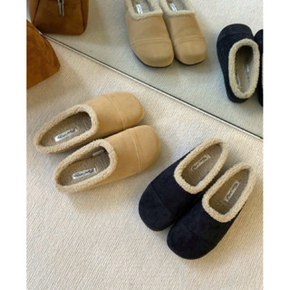  Giày sục da lộn viền lông cừu mùa đông happy feeling 