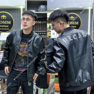 Áo Khoác Da Nam Thêu Philipp Plein Viền Tay Siêu Đẹp - Áo Bomber Phillip Nam Chất Da Hót Jacket