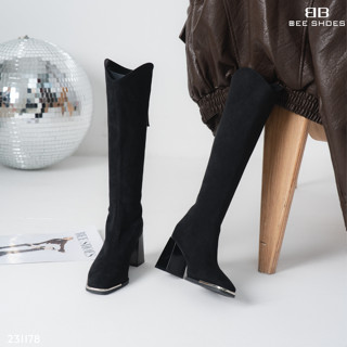 BOOT NỮ BEESHOES MŨI NHỌN DA LỘN - GIÀY BỐT NỮ ĐẾ CAO 7 PHÂN SẴN MÀU ĐEN 231178 (FORM 1.5)