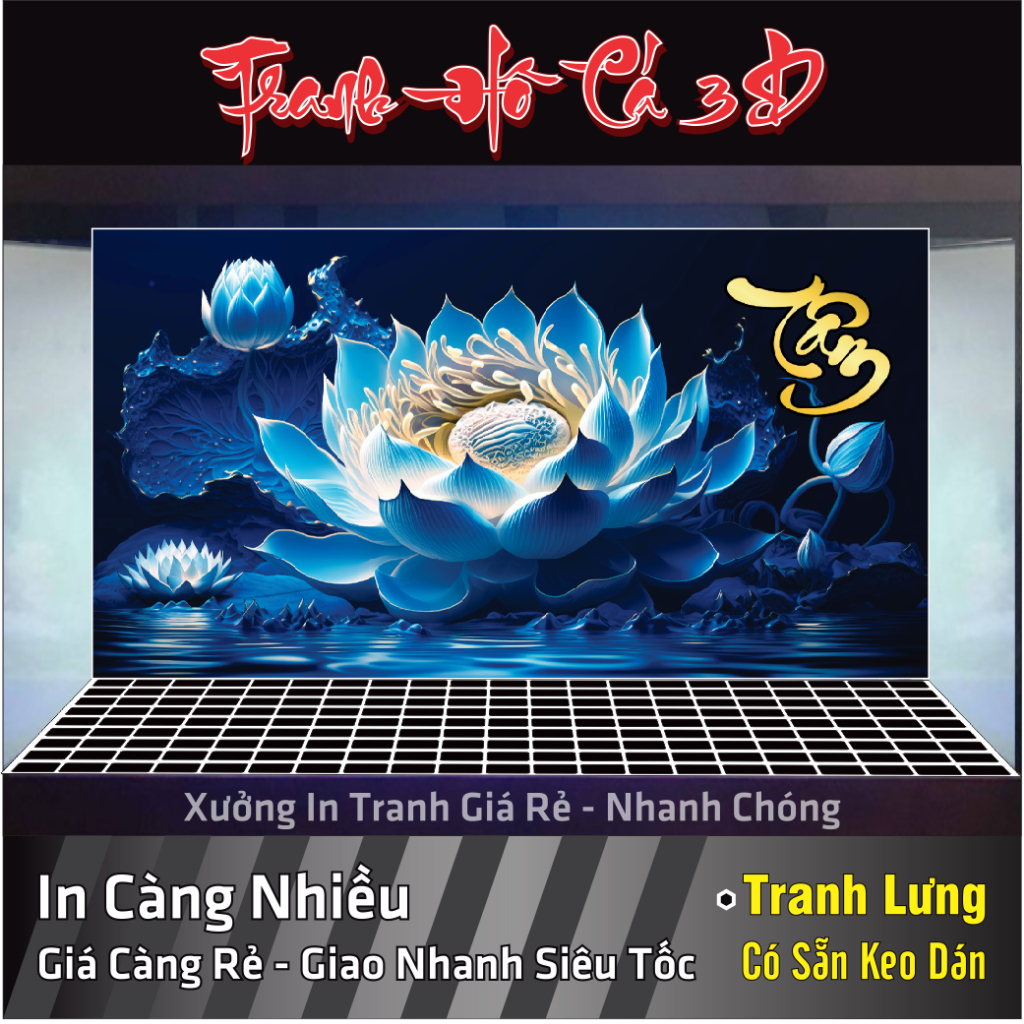 Tranh 3D dán hồ cá, Hoa sen xanh, dán bể cá cảnh - NHIỀU KÍCH THƯỚC - CÓ SẴN KEO