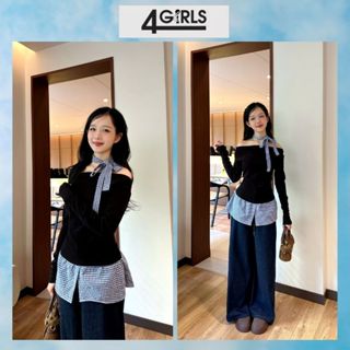   Có Size  Áo Thun Nữ Dài tay Phối Vạt Sơ Mi Tiểu Thư Phong Cách Hàn Quốc Kèm Dây Thắt Nơ Cổ Xinh xắn Áo Trễ Vai Dài Tay 