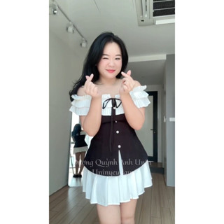 Set áo kiểu trễ vai cột nơ xinh xắn phối chân váy ngắn xếp ly nữ tính - S14