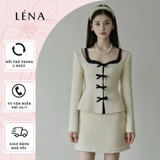 Set Áo Khoác Dạ Tweed Phối Khuy Nơ Đen Mix Chân Váy Dạ Chữ A Phong Cách Tiểu Thư Mặc Tết, Đi Học, Đi Chơi Léna TW3104