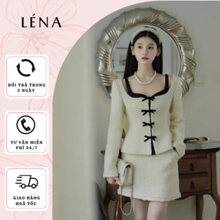 Set Áo Khoác Dạ Tweed Phối Khuy Nơ Đen Mix Chân Váy Chữ A Phong Cách Tiểu Thư Mặc Tết, Đi Học, Đi Chơi LénaTW310