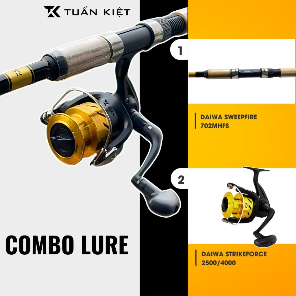 Combo Câu Lure máy đứng giá rẻ, Cần lure Daiwa Sweepfire + Máy câu đứng Daiwa StrikeForce