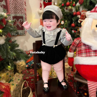  Bodysuit Cho Bé Set 3 Chi Tiết Body Chất Nhung Đen Mềm Phối Áo Tay Bồng Len Nhung Ghi X Và Mũ Nồi Body Cho Bé 3-11kg 