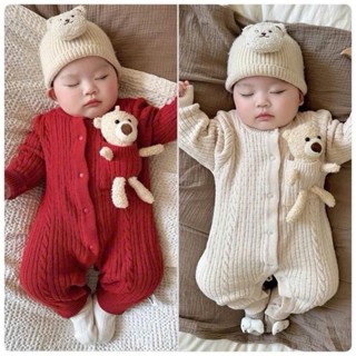 Body len dài tay cho bé, Bodysuit cho bé trai bé gái mẫu tết thêu hình gấu xù, áo liền quần tết cho bé giữ ấm