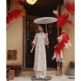 THời Trang Nữ Lasy| Áo Dài Phom Suông Cổ Sen Tay Lỡ Thêu Hoa Kèm Quần AD1010