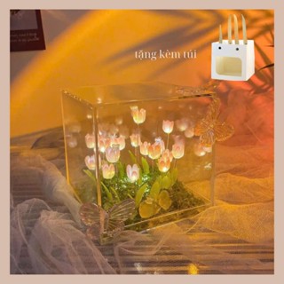 Đèn Ngủ Hoa Tulip Khung Vuông Handmade Trang Trí Phòng Ngủ , Phòng Khách , Bàn Làm việc - Quà tặng ý nghĩa ( TẶNG TÚI)