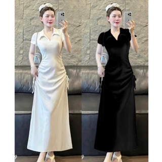 D109 Đầm cổ sơ mi dây rút hai bên form ôm body co giãn