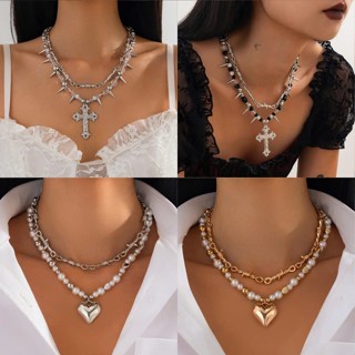 Vòng Cổ Nhiều Lớp Kẽm Gai Mặt Thánh Giá, Trái Tim Cá Tính VC090