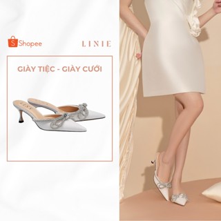 Sục Cao Gót Mũi Nhọn Hở Gót Đính Nơ Đá Nữ Tính Sang Trọng Đế Cao 6cm || Giày Thiết Kế LINIE Jonquils Mules 2113
