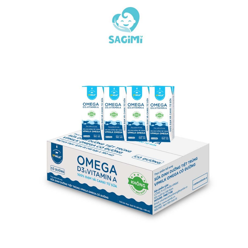 [THÙNG 48 HỘP] Sữa Dinh Dưỡng Tiệt Trùng VPMilk Omega - Có Đường dạng hộp 180ml