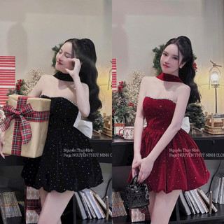 Đầm nữ nhung kim tuyến cúp ngực phối viền đá đính nơ sau dáng xếp ly mini ( có lót quần ) W115