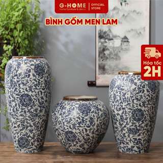 Bình hoa gốm men lam họa tiết hoa sen Ghome Bình gốm tráng men cắm sen cắm đào BH25M1-MENLAM