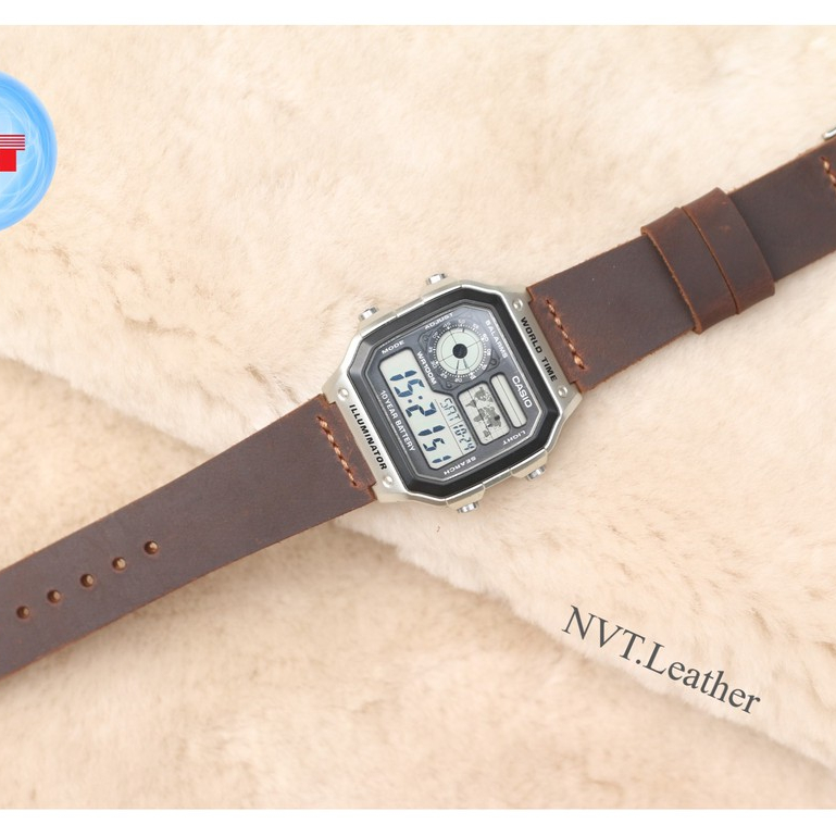 Dây đồng hồ da Casio AE1200 nâu sậm