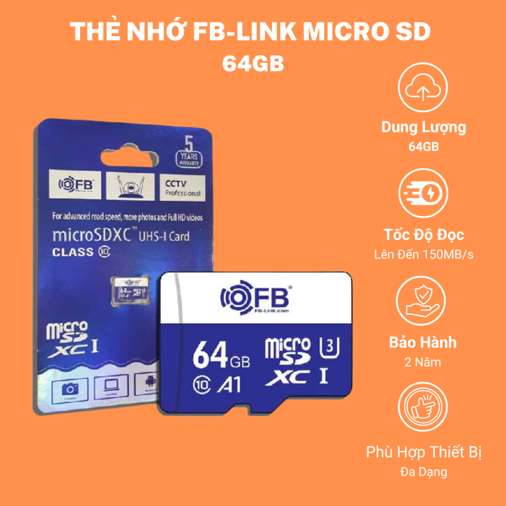 Thẻ Nhớ MicroSD FB 64GB – Class 10 Tốc Độ Cao Cho Camera Quan Sát, Dashcam, Điện Thoại,...