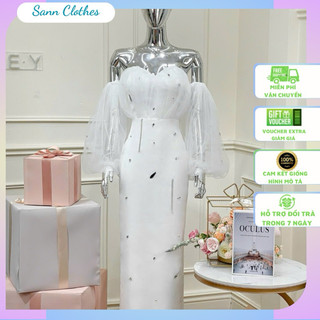 Ashley 𝐅𝐥𝐲𝐝𝐢𝐧 𝐃𝐫𝐞𝐬𝐬 Đầm tằm óng phối lưới thiết kế cup ngực tay bồng đính đá