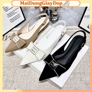 Sandal Nữ Mũi Nhọn Gắn Quai Nơ Miu Chất Tuyết Nhung Cao Cấp Giày Sục Búp Bê Bệt Quai Hậu